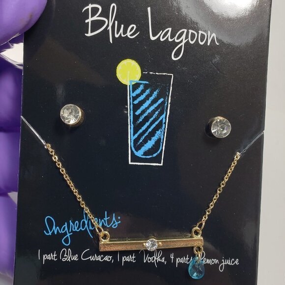 Blue Lagoon Bead Charm Bar Necklace With matching Crystal Stud Earrings - Picture 1 of 4